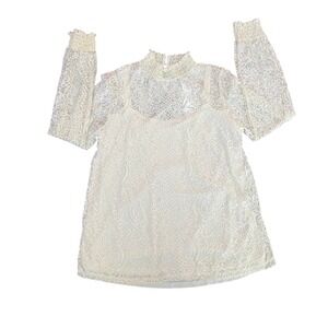 Cable & Gauge White Lace Smocked Mock Neck Long Sleeve Blouse NWT Large (1178)